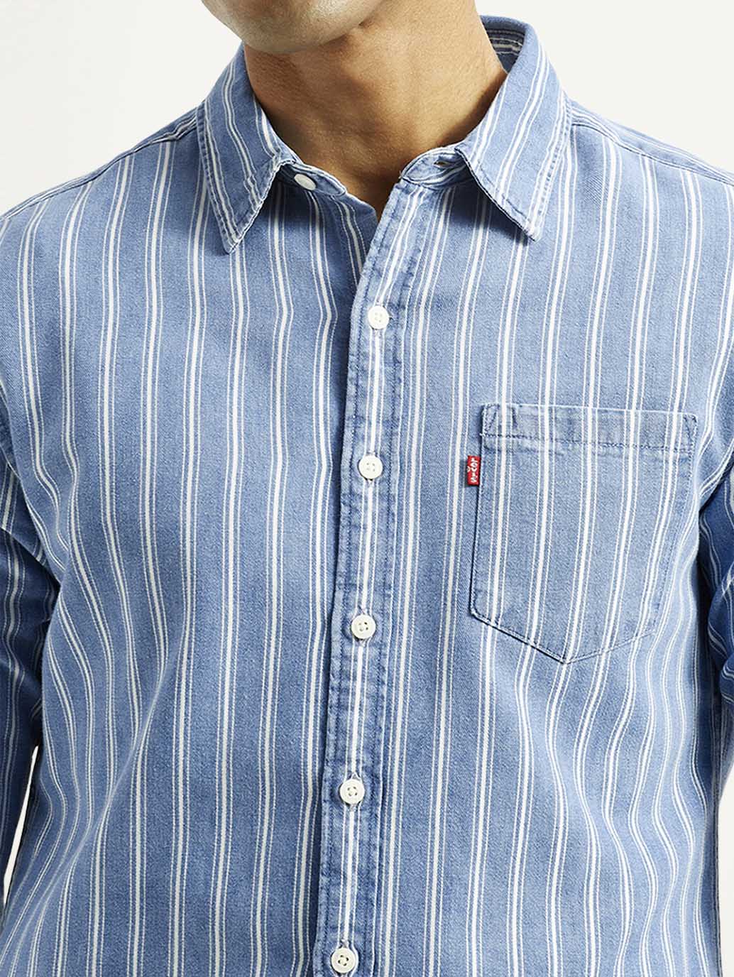 Men's Striped Light Blue Slim Fit Shirt - Detail View