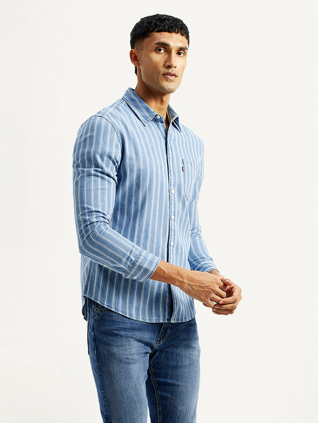 Men's Striped Light Blue Slim Fit Shirt - Side View