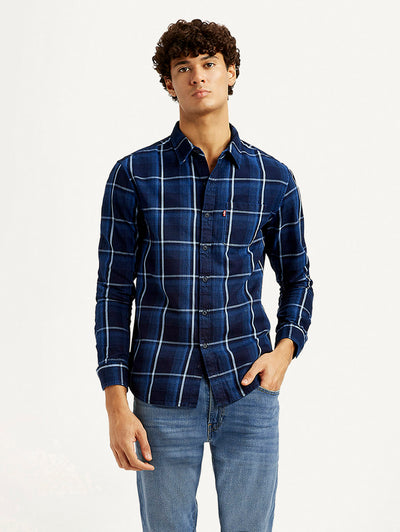 Men's Checkered Navy Slim Fit Shirt-image-1
