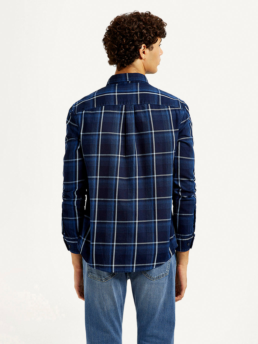 Men's Checkered Navy Slim Fit Shirt - Back View