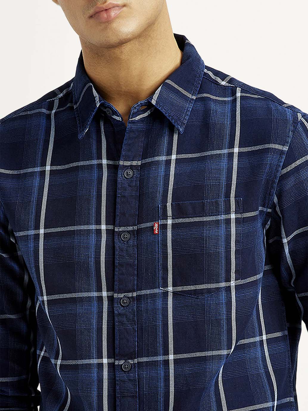 Men's Checkered Navy Slim Fit Shirt - Detail View