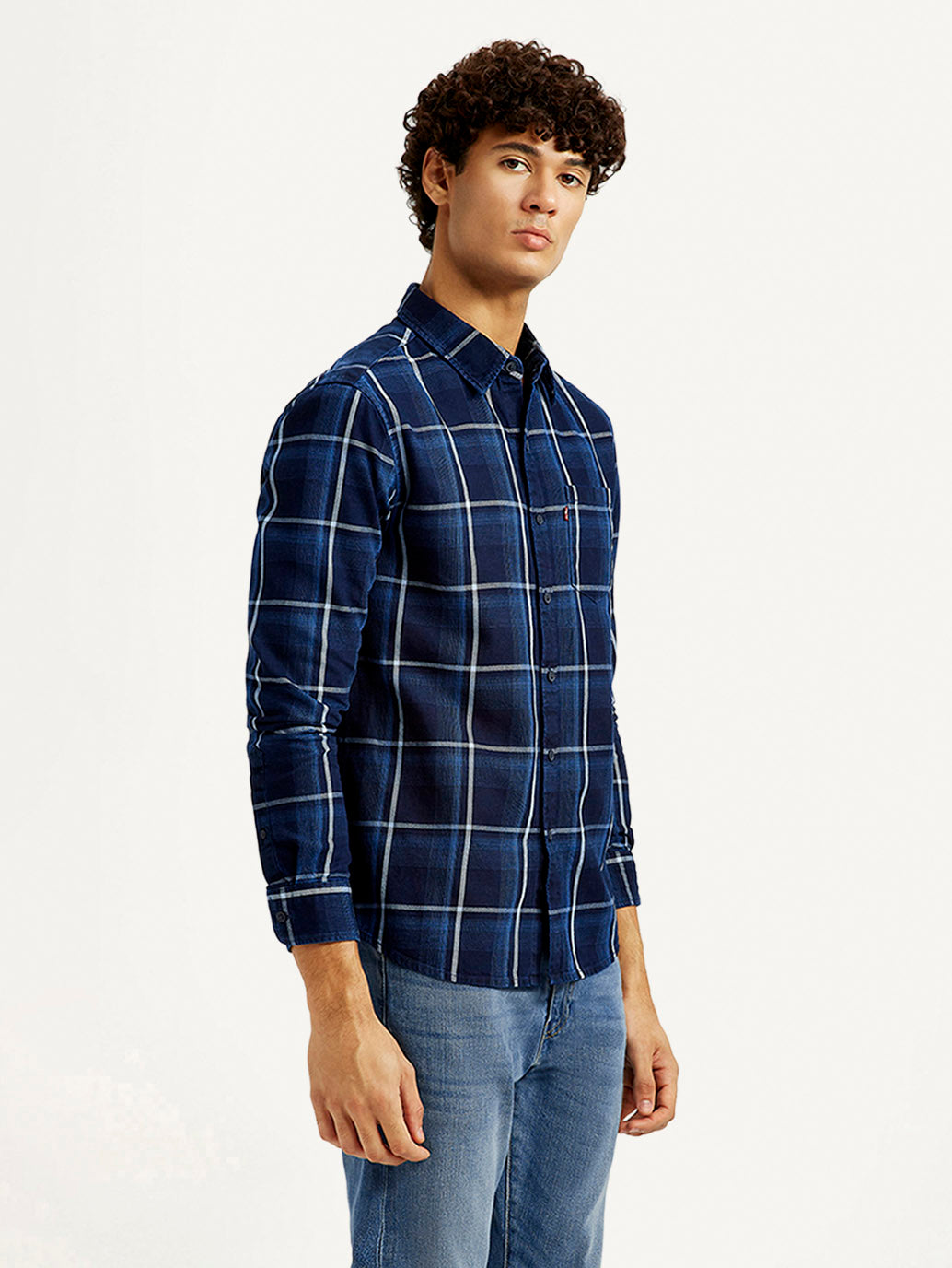 Men's Checkered Navy Slim Fit Shirt - Side View