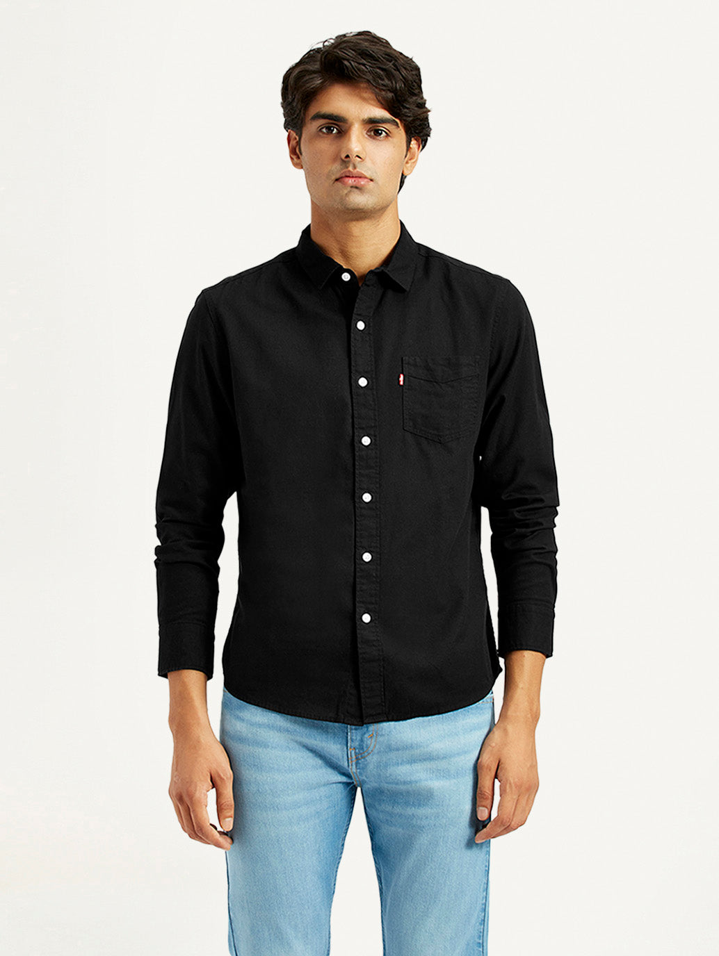 Men's Solid Black Slim Fit Shirt - Front View