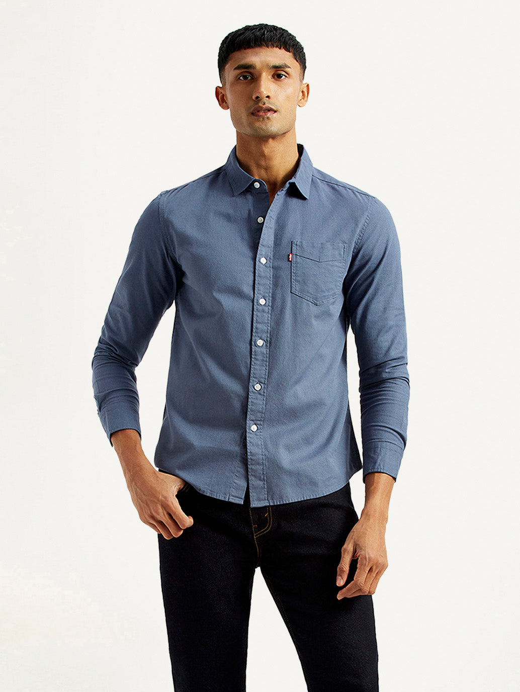Men's Solid Navy Slim Fit Shirt - Styleshot View