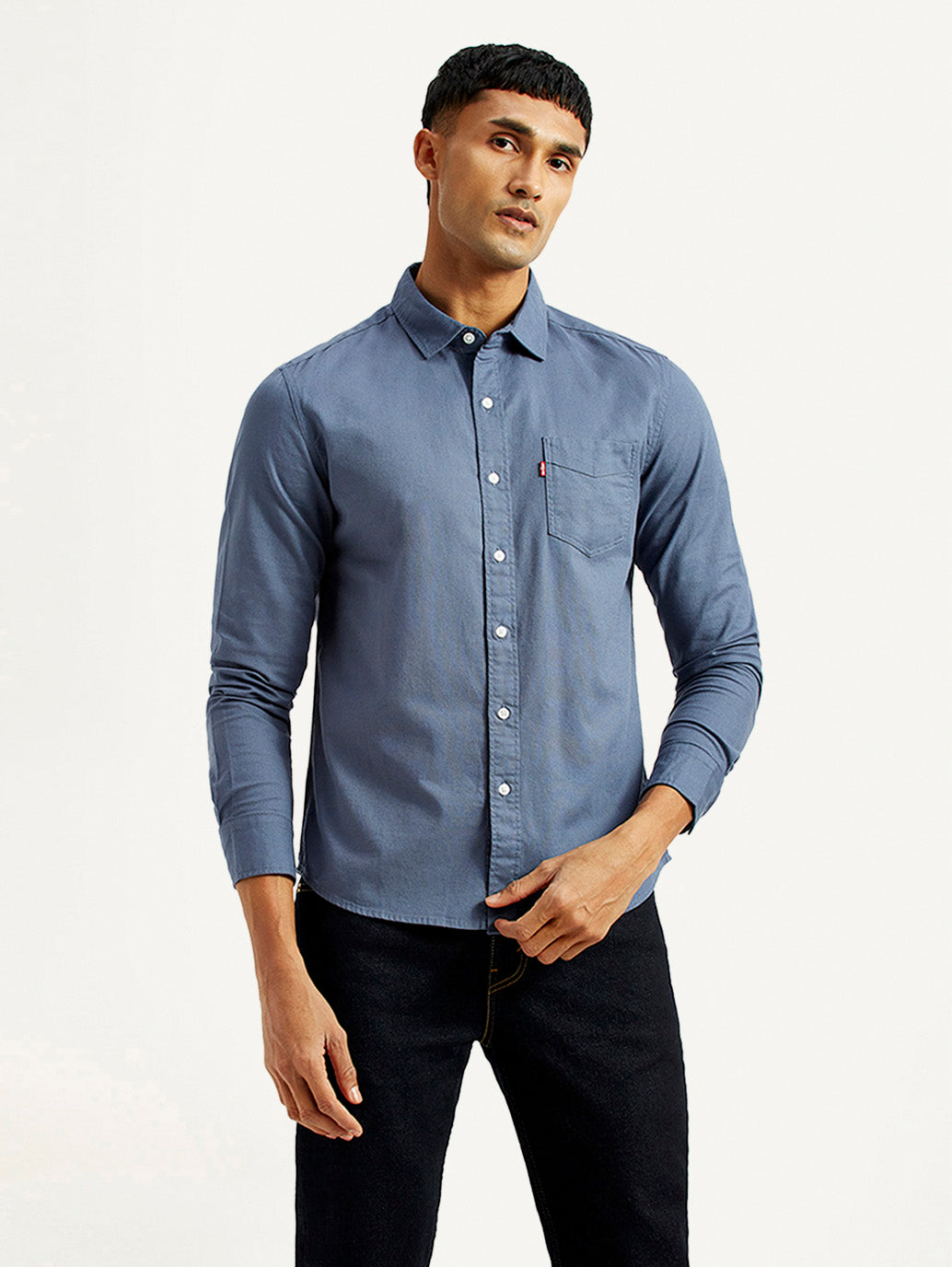 Men's Solid Navy Slim Fit Shirt - Front View