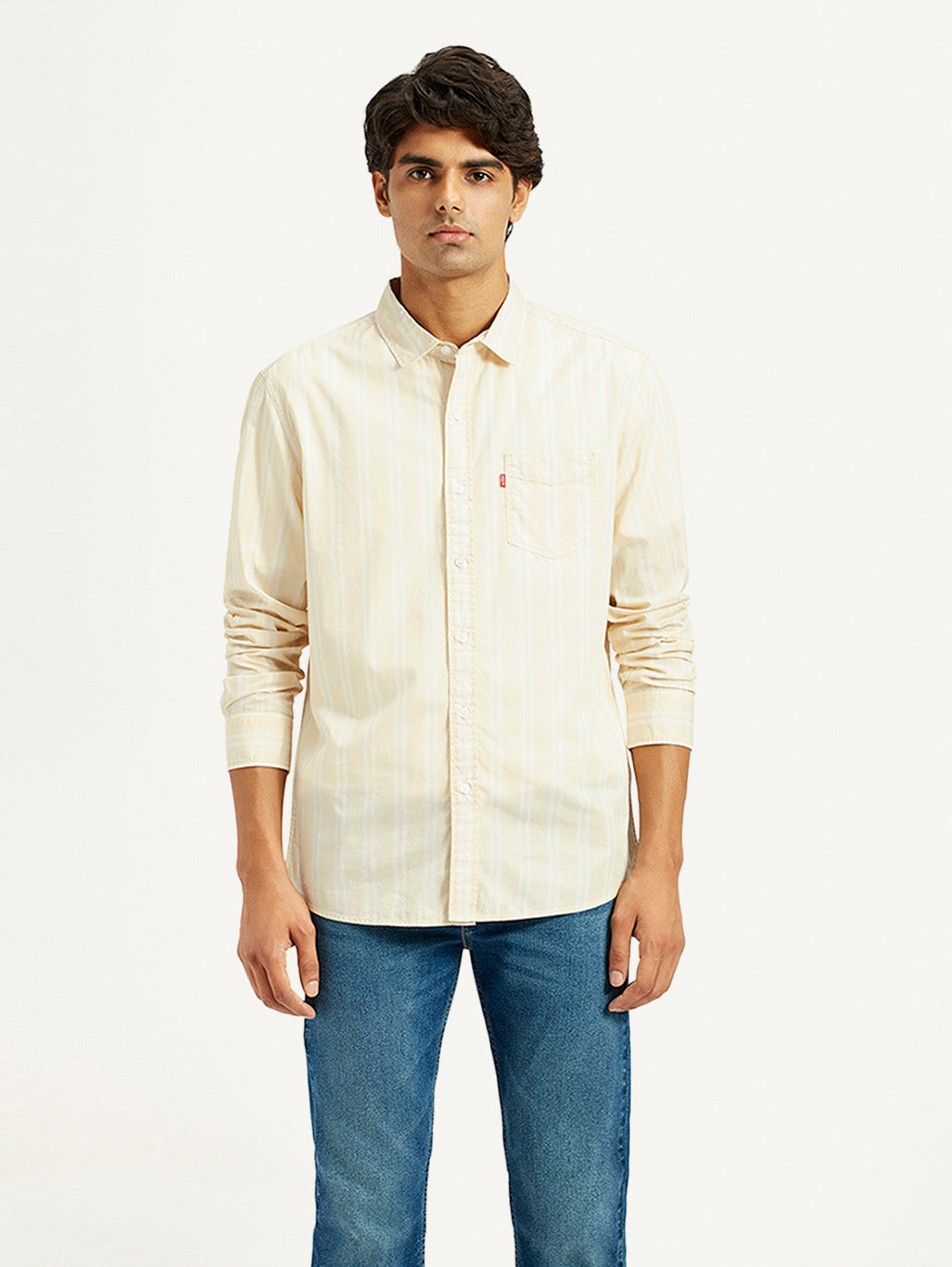 Men's Striped Beige Slim Fit Shirt - Front View