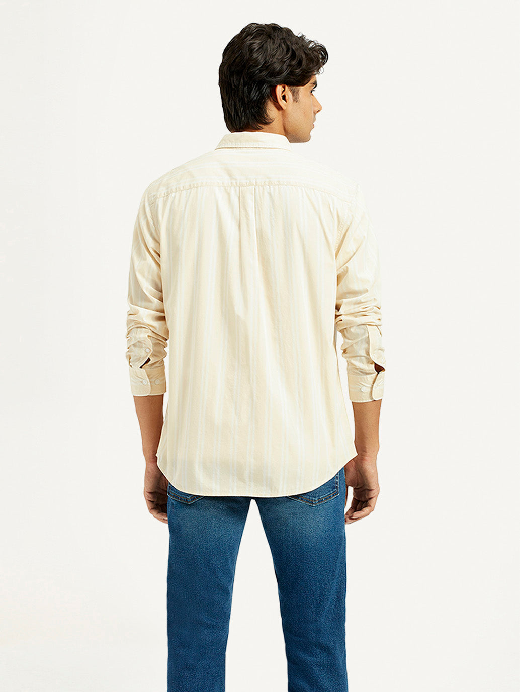 Men's Striped Beige Slim Fit Shirt - Back View