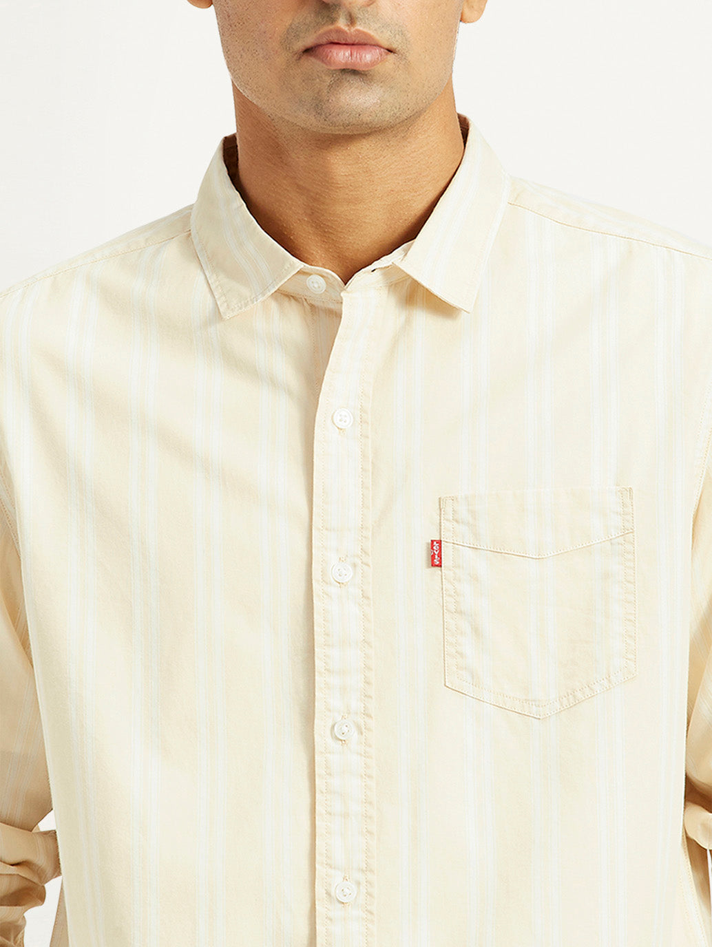 Men's Striped Beige Slim Fit Shirt - Detail View