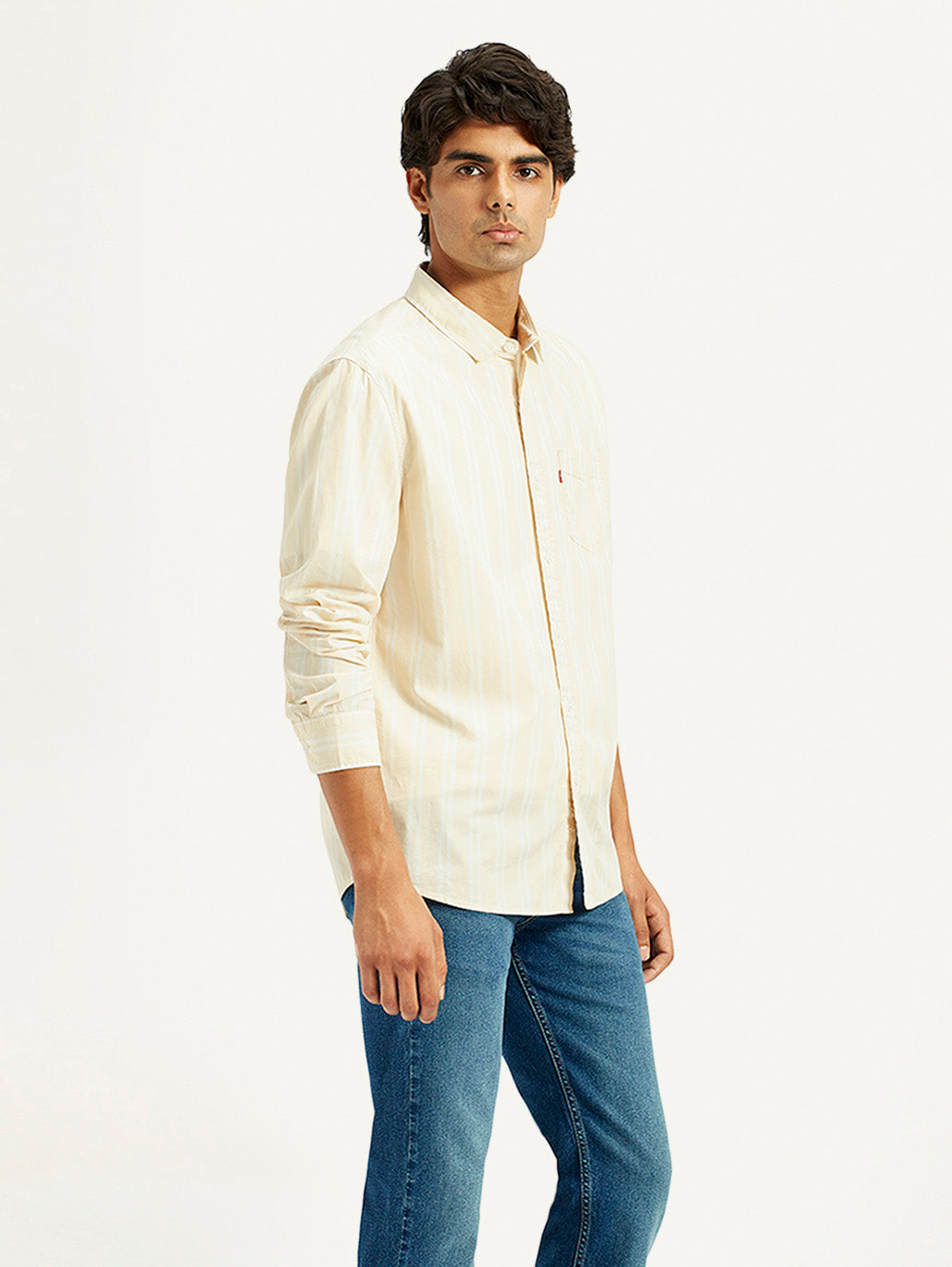 Men's Striped Beige Slim Fit Shirt - Side View