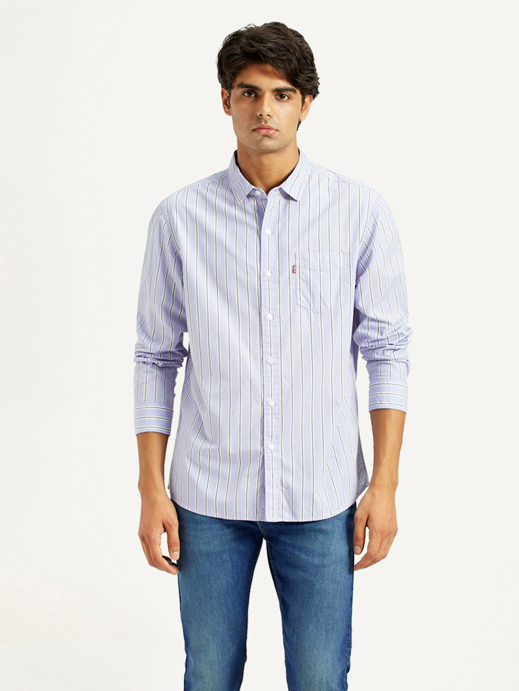 Men's Striped Light Blue Slim Fit Shirt - Front View