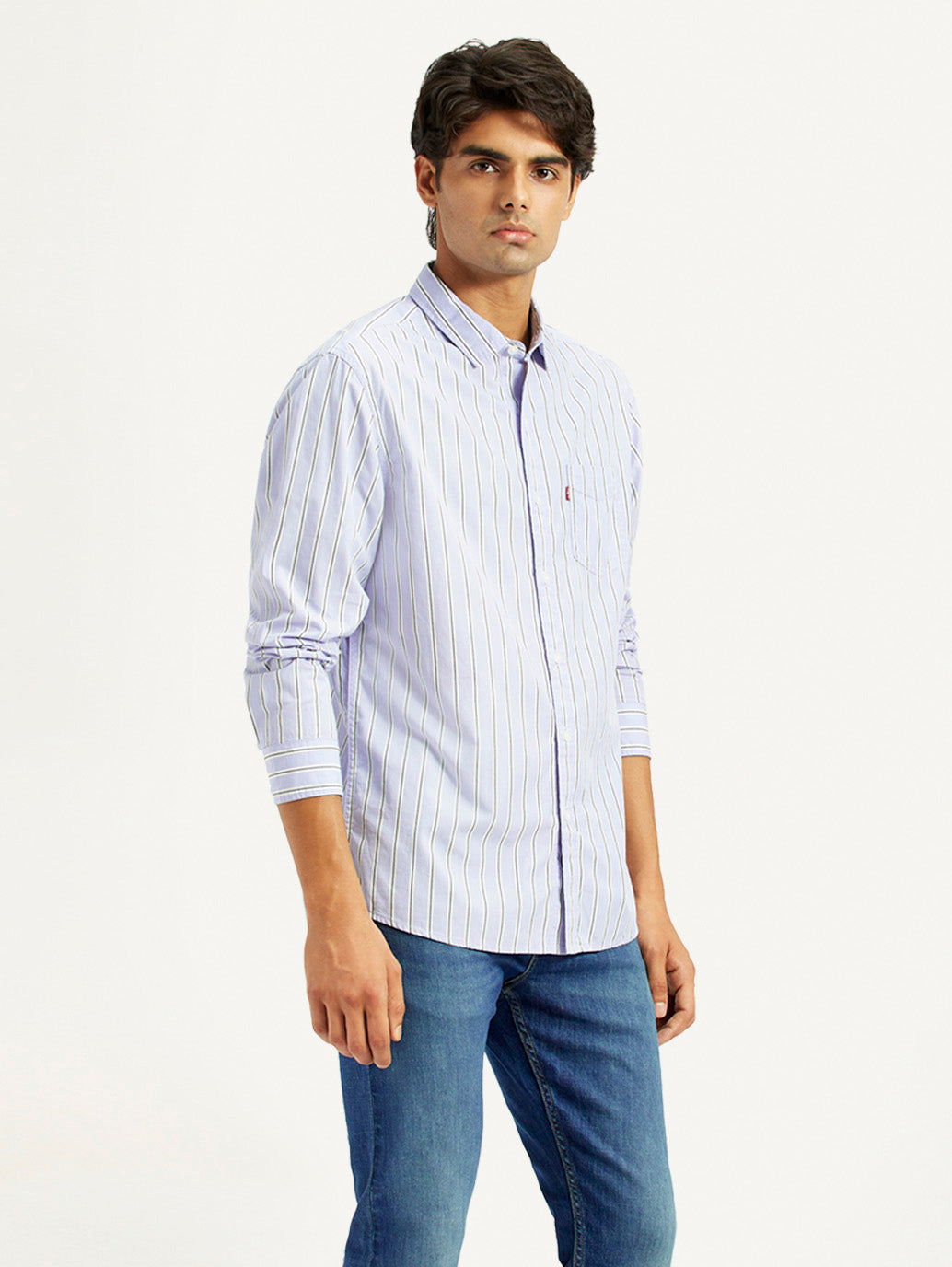 Men's Striped Light Blue Slim Fit Shirt - Side View