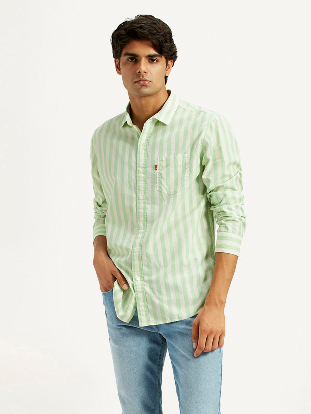 Men's Striped Light Green Slim Fit Shirt