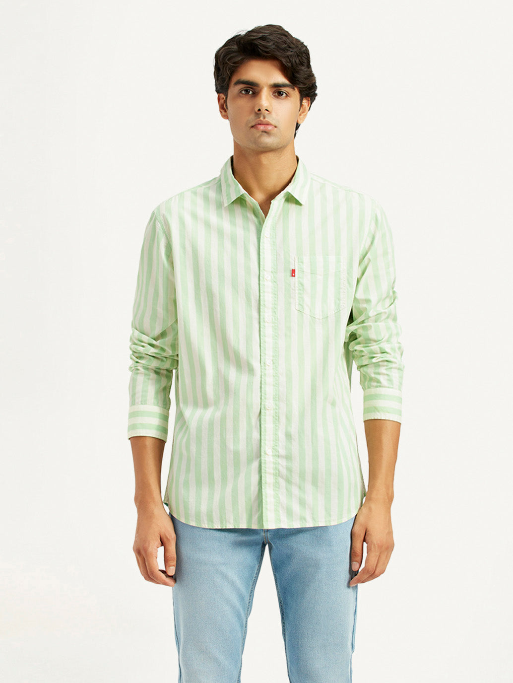Men's Striped Light Green Slim Fit Shirt - Front View
