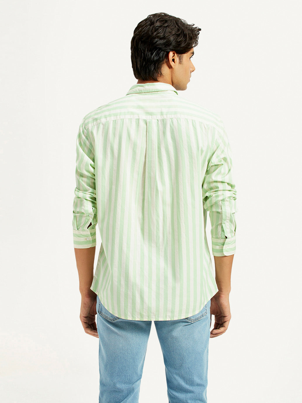 Men's Striped Light Green Slim Fit Shirt - Back View