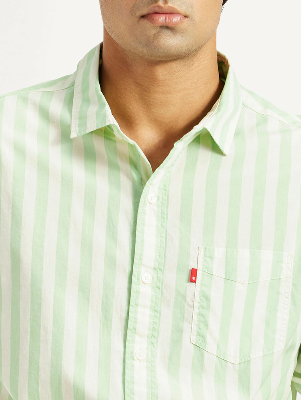 Men's Striped Light Green Slim Fit Shirt - Detail View