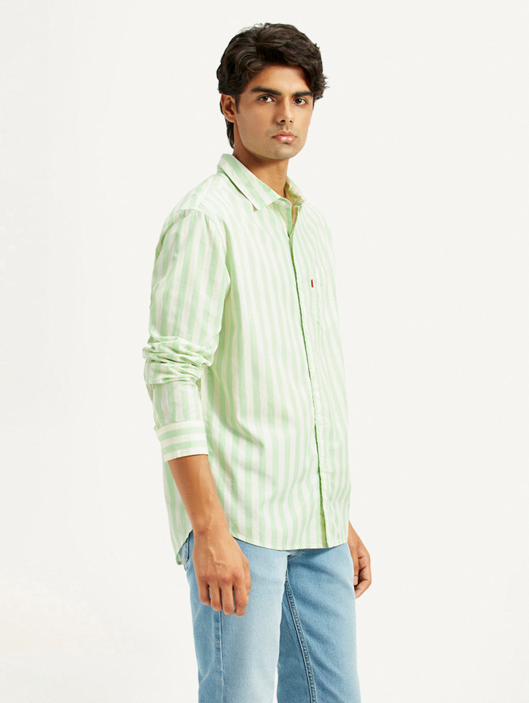 Men's Striped Light Green Slim Fit Shirt - Side View