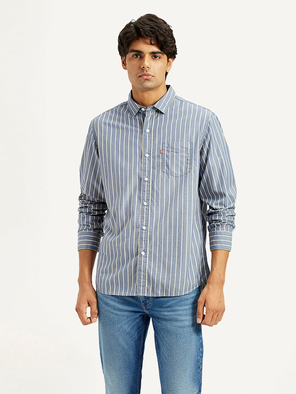 Men's Striped Blue Slim Fit Shirt - Front View