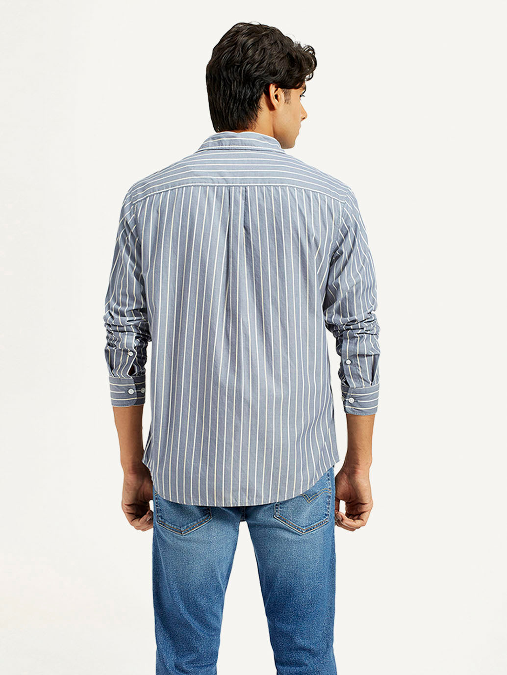Men's Striped Blue Slim Fit Shirt - Back View