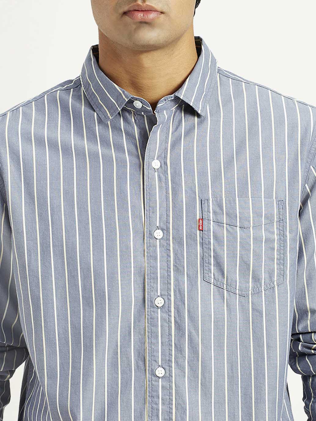 Men's Striped Blue Slim Fit Shirt - Detail View