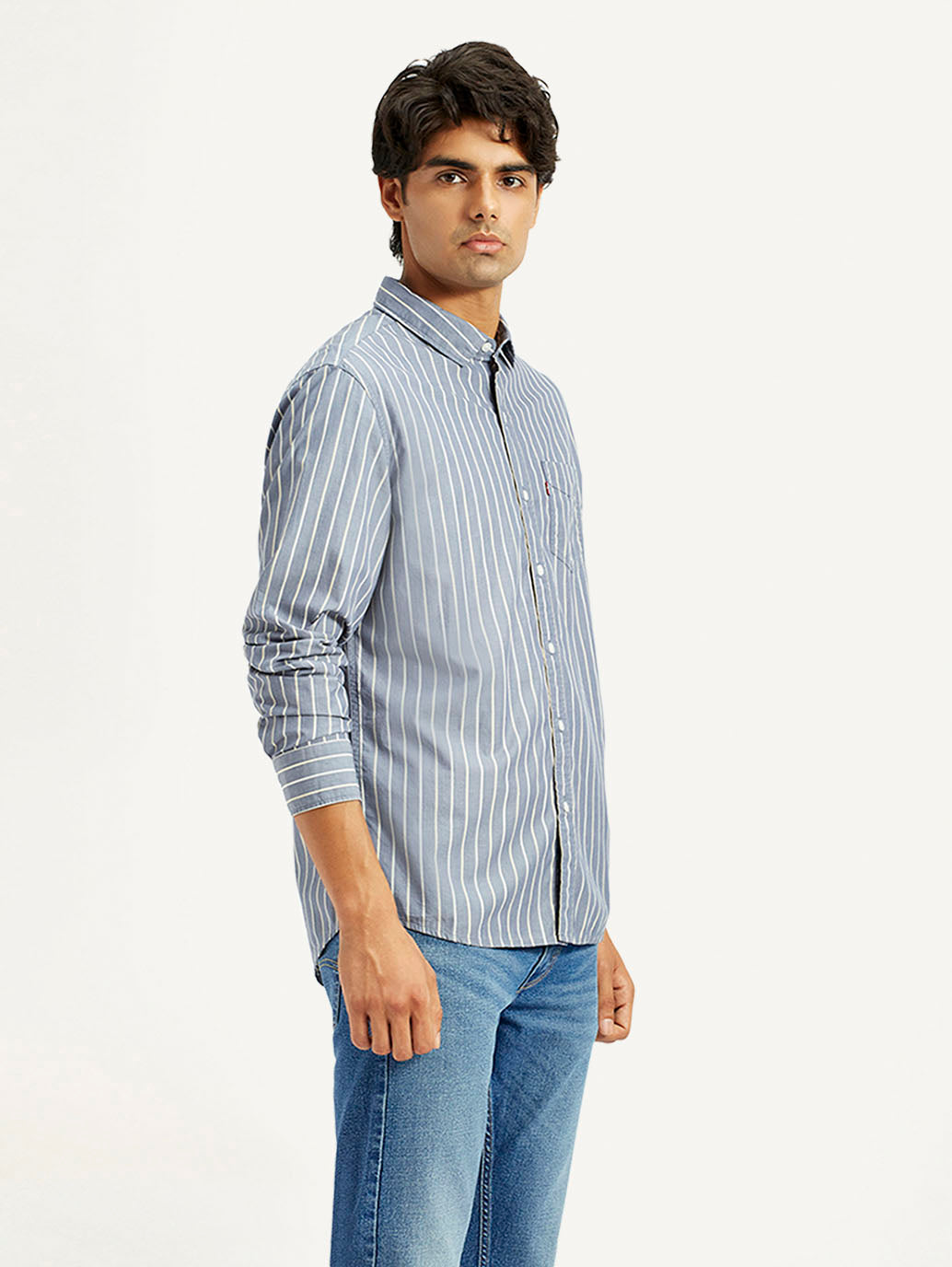 Men's Striped Blue Slim Fit Shirt - Side View
