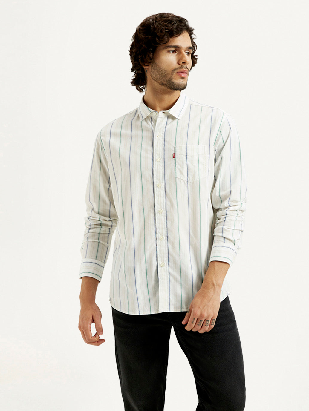 Men's Striped White Slim Fit Shirt - Front View