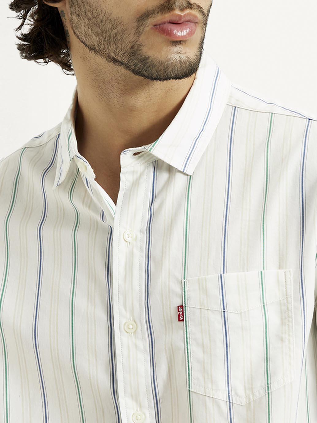 Men's Striped White Slim Fit Shirt - Detail View
