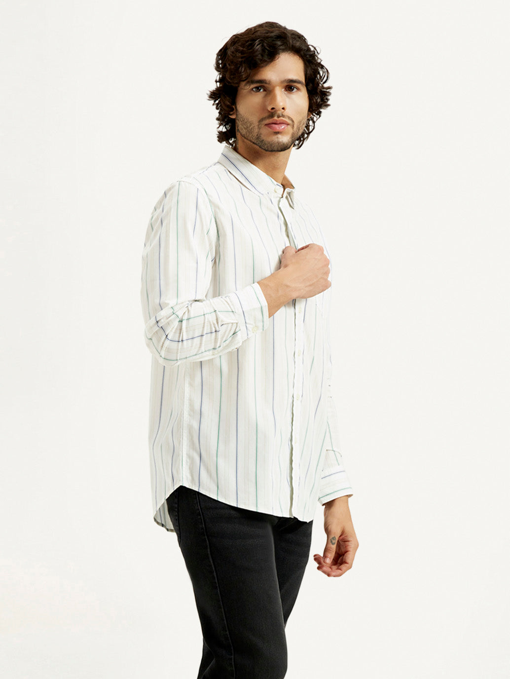 Men's Striped White Slim Fit Shirt - Side View