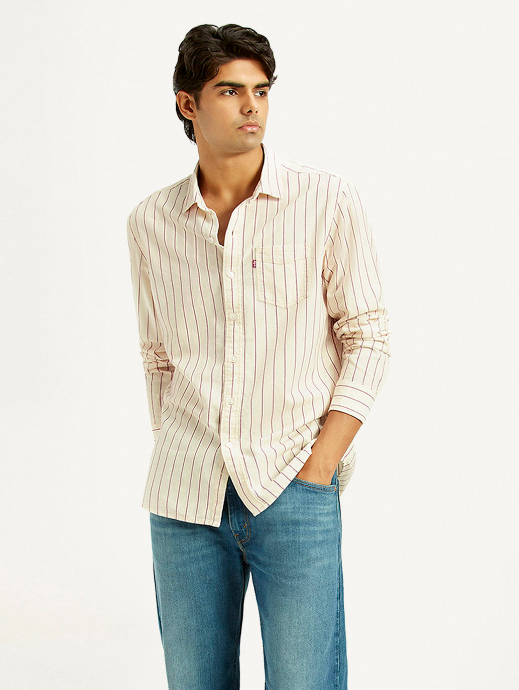 Men's Striped Cream Slim Fit Shirt - Styleshot View