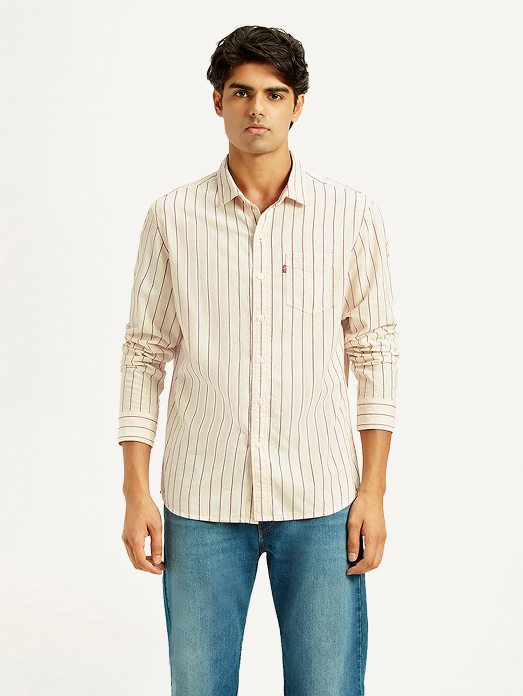 Men's Striped Cream Slim Fit Shirt - Front View