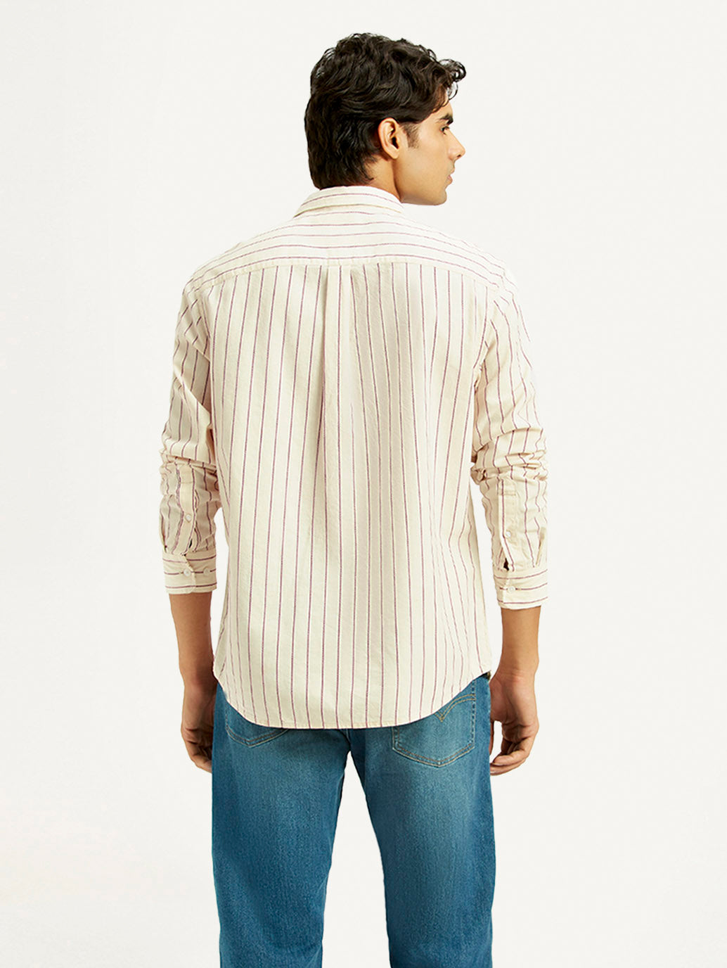 Men's Striped Cream Slim Fit Shirt - Back View