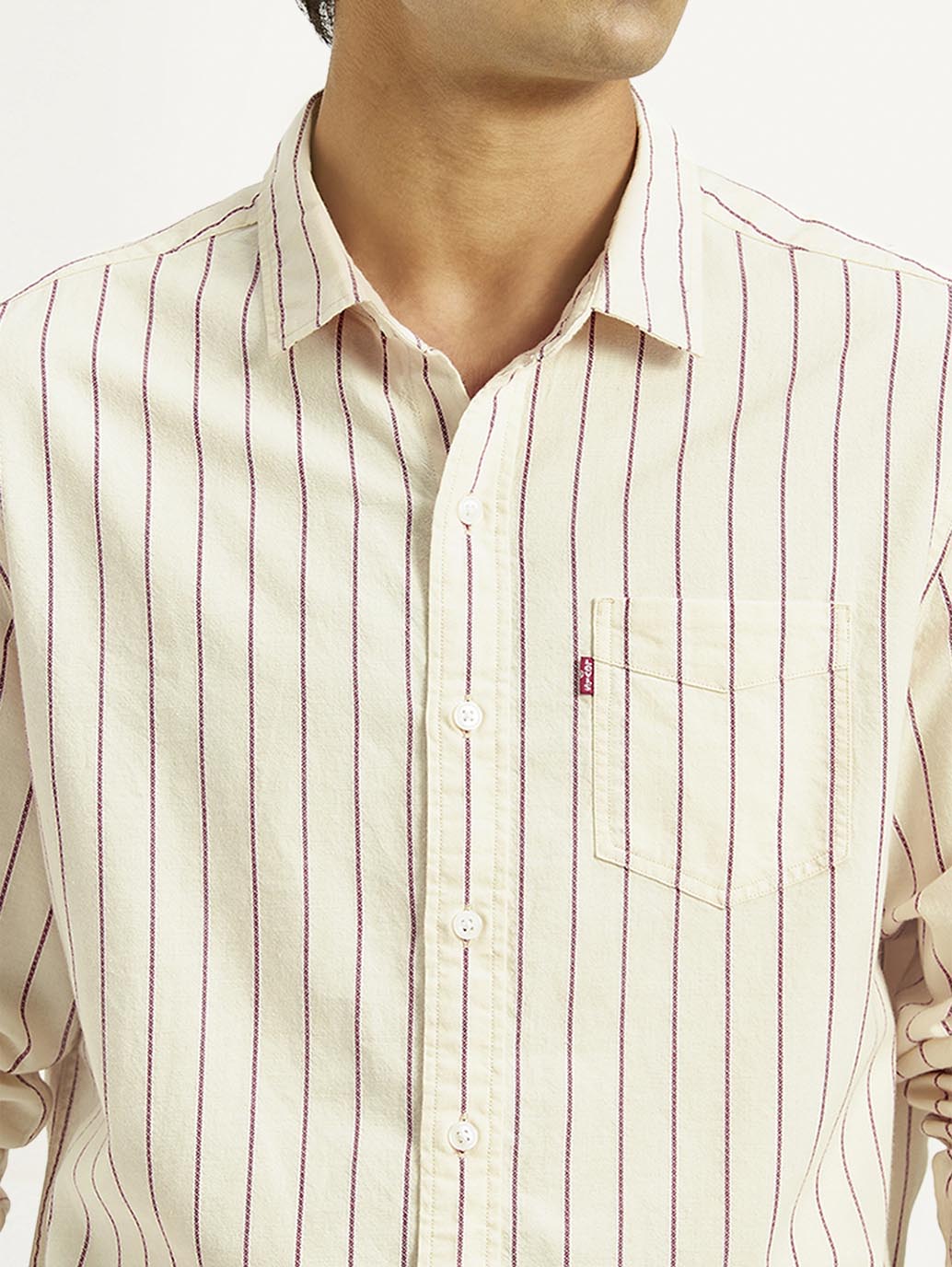 Men's Striped Cream Slim Fit Shirt - Detail View