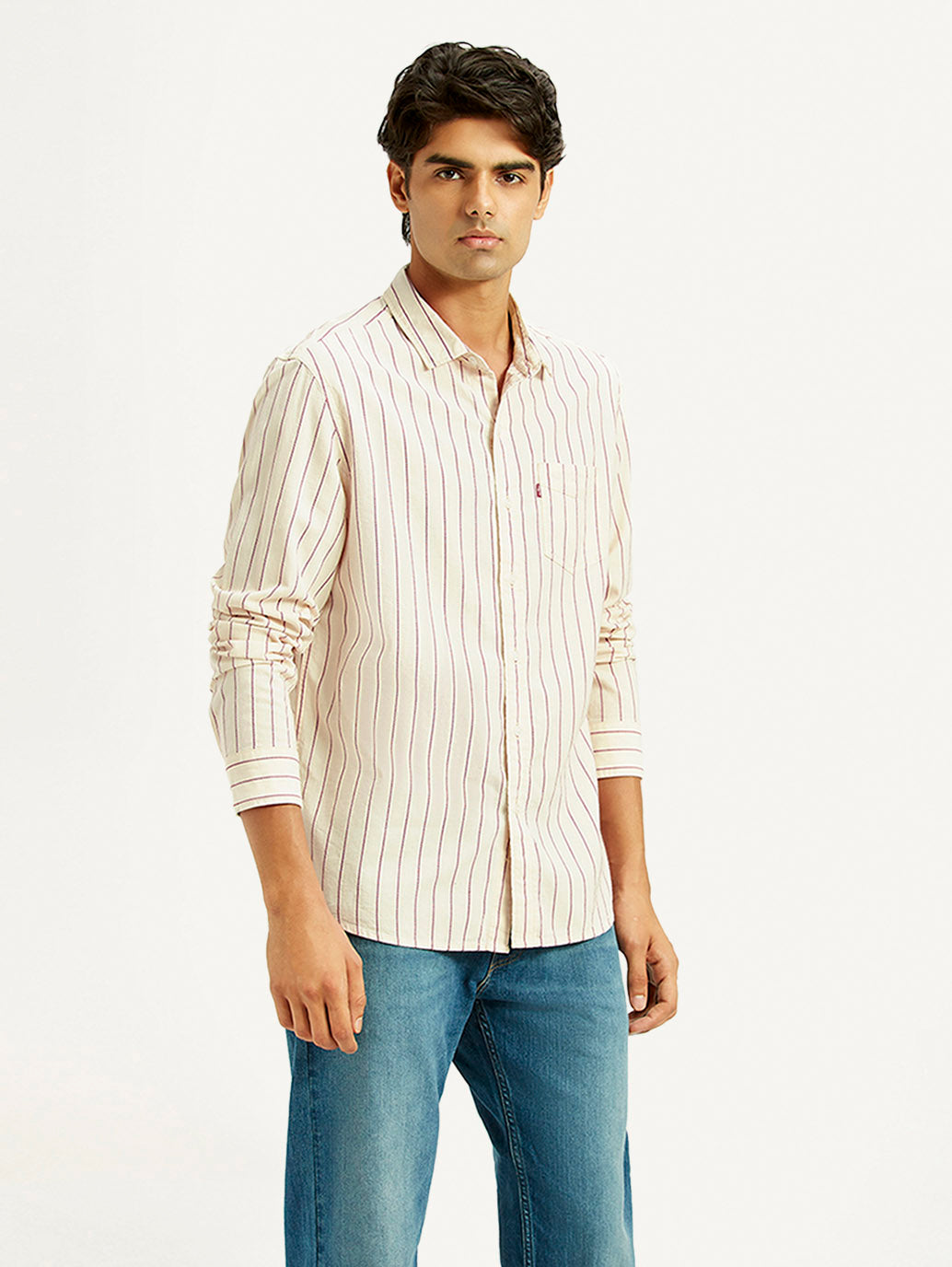 Men's Striped Cream Slim Fit Shirt - Side View