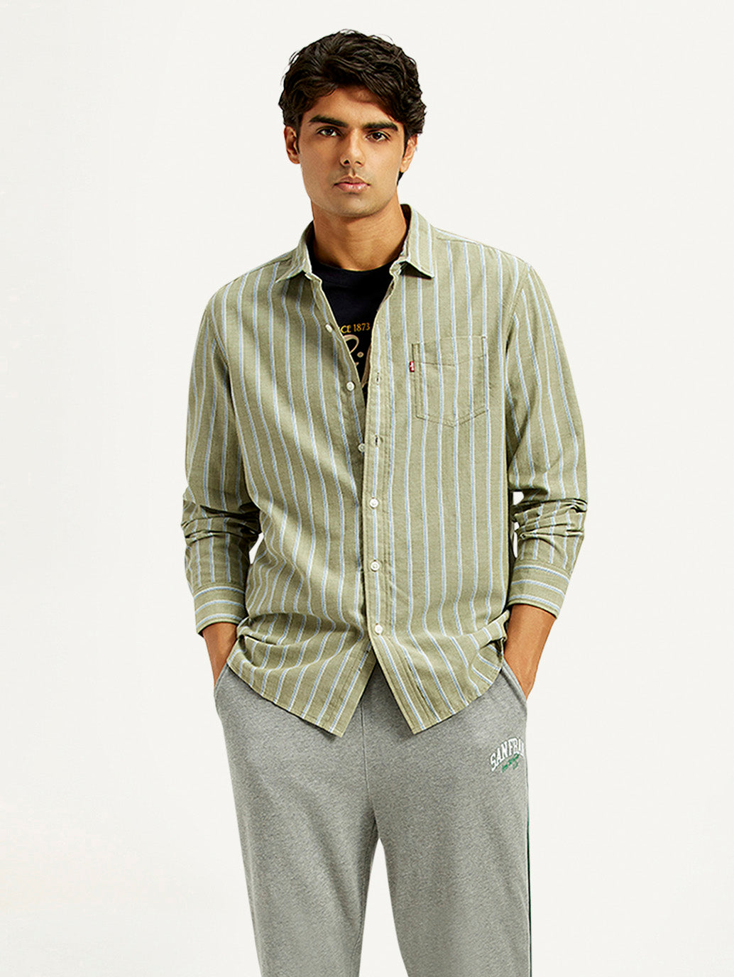 Men's Striped Olive Green Slim Fit Shirt - Styleshot View