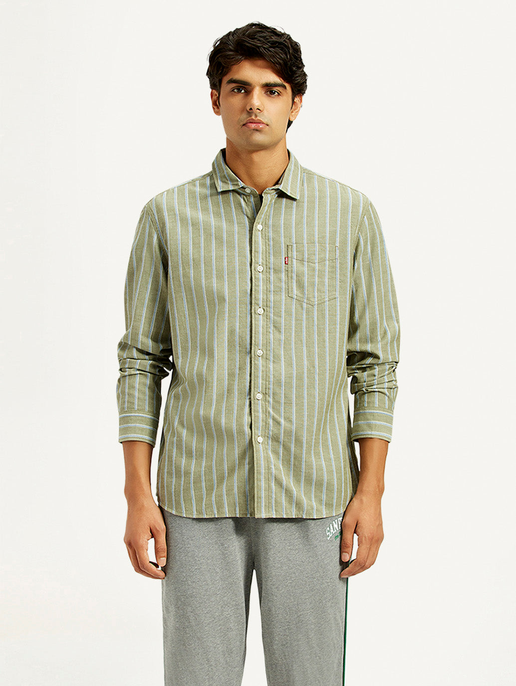 Men's Striped Olive Green Slim Fit Shirt - Front View