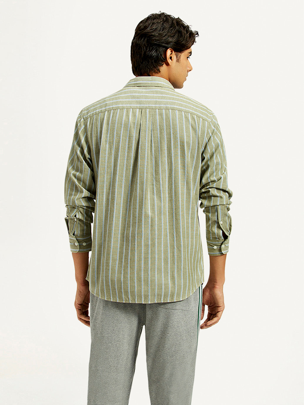 Men's Striped Olive Green Slim Fit Shirt - Back View