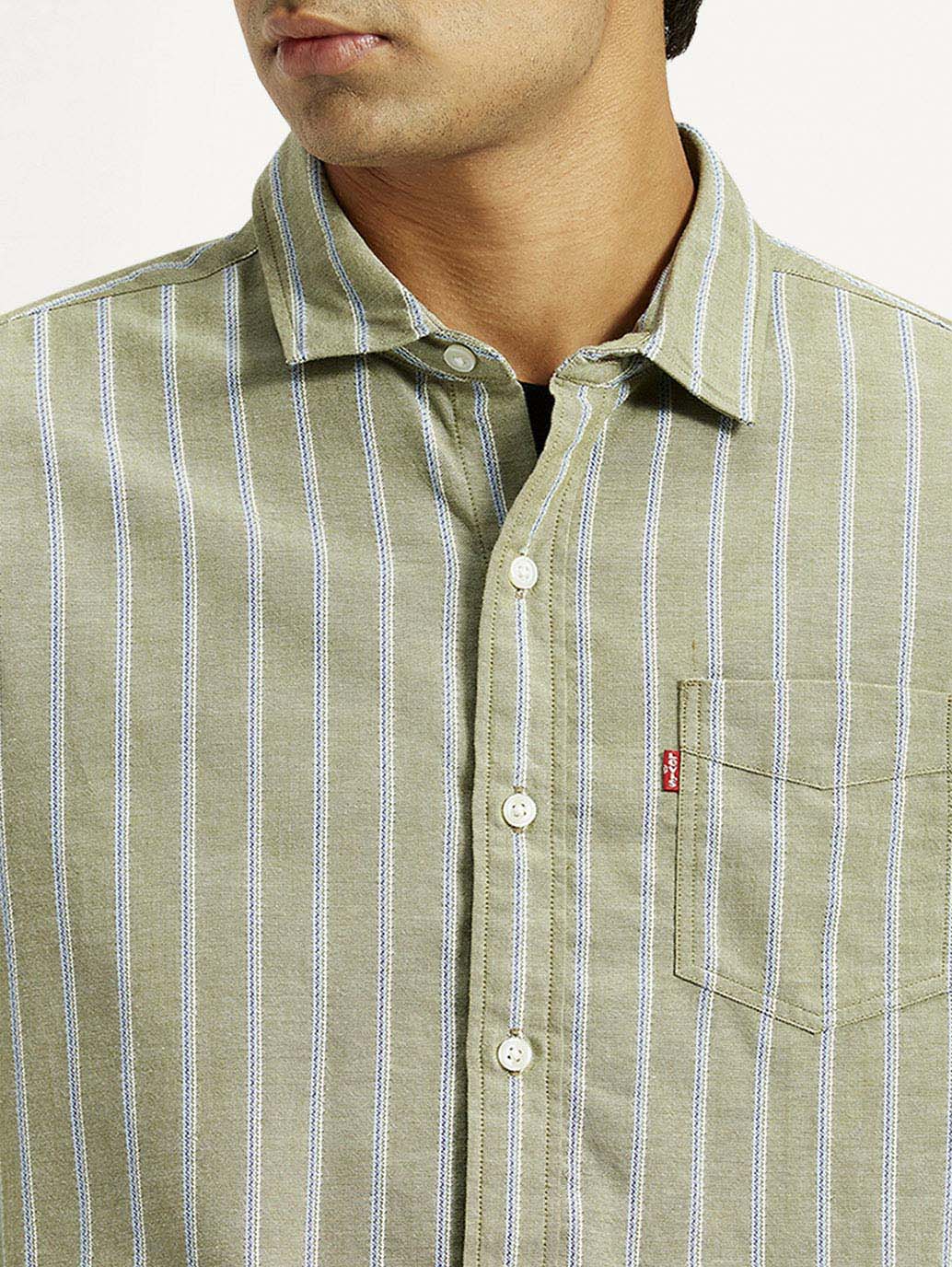 Men's Striped Olive Green Slim Fit Shirt - Detail View