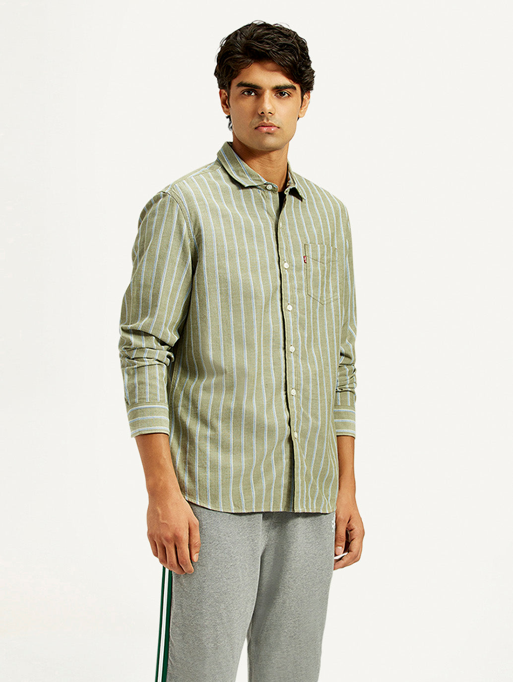 Men's Striped Olive Green Slim Fit Shirt - Side View