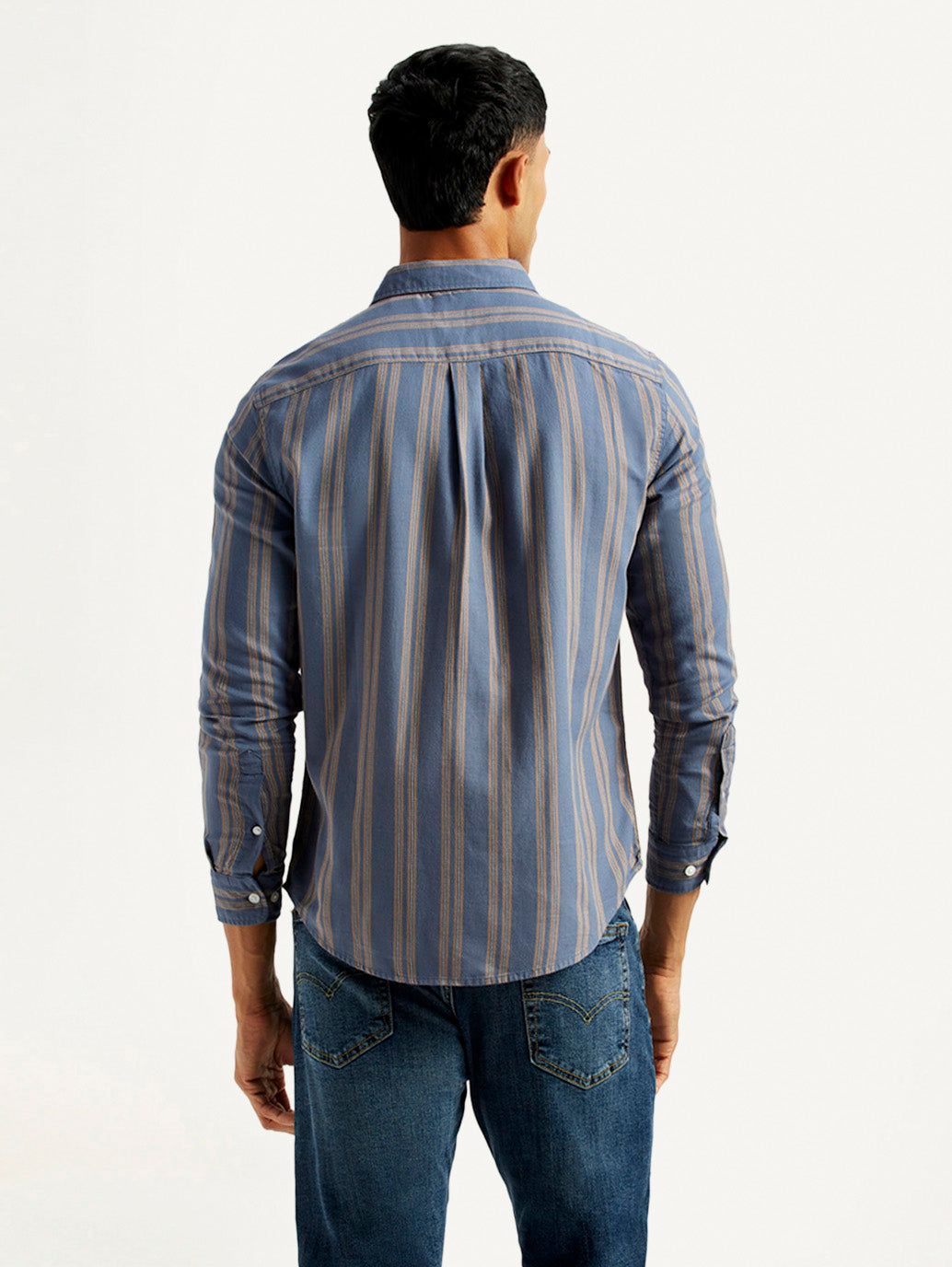 Men's Striped Blue Slim Fit Shirt - Back View