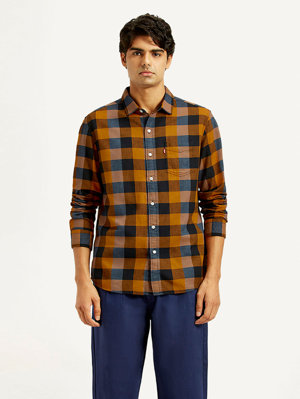Men's Checkered Multi Color Slim Fit Shirt - Front View