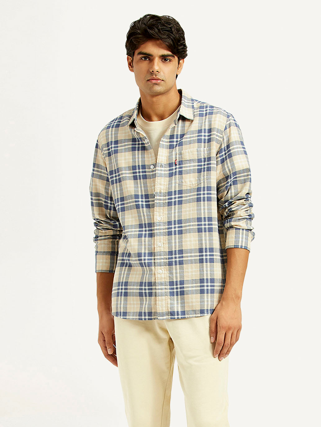 Men's Checkered Beige Slim Fit Shirt - Styleshot View