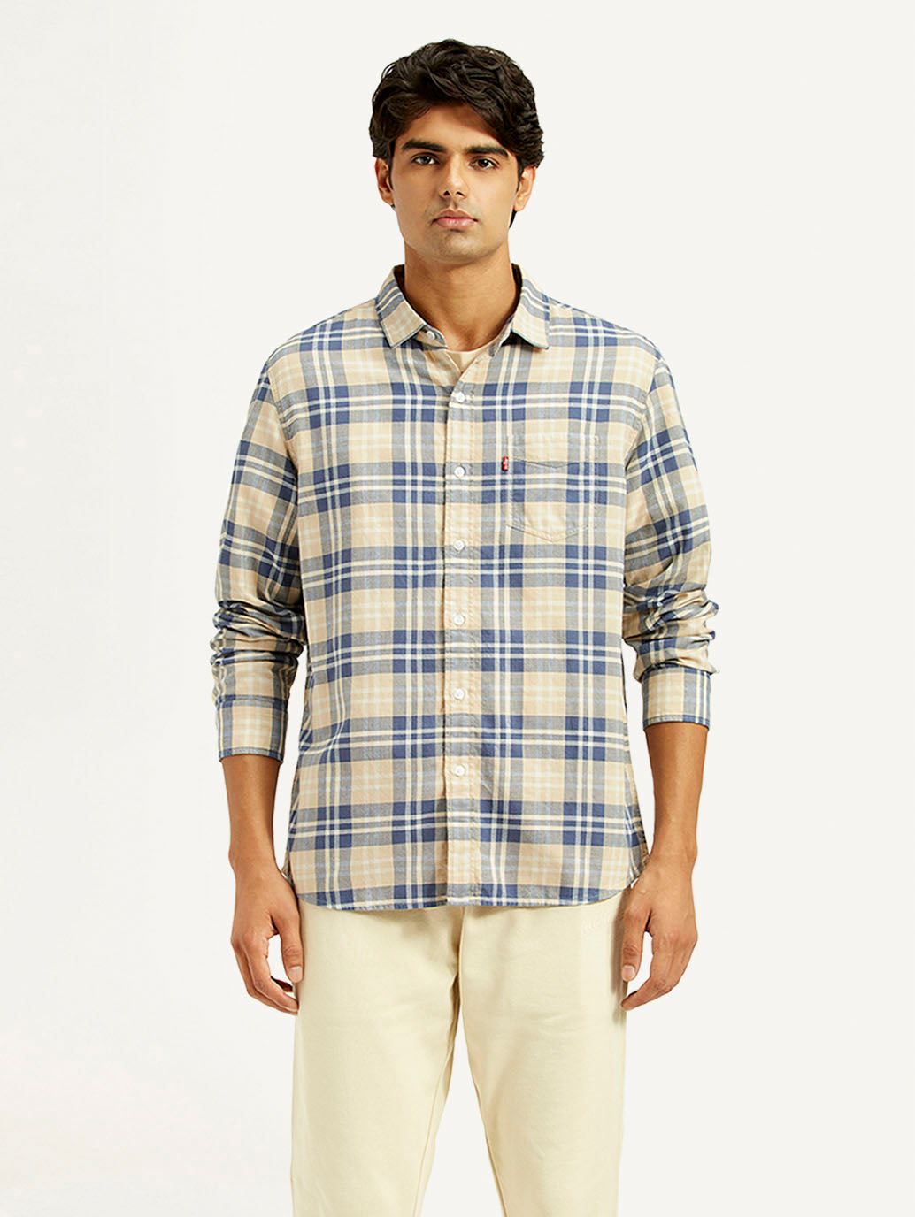 Men's Checkered Beige Slim Fit Shirt - Front View