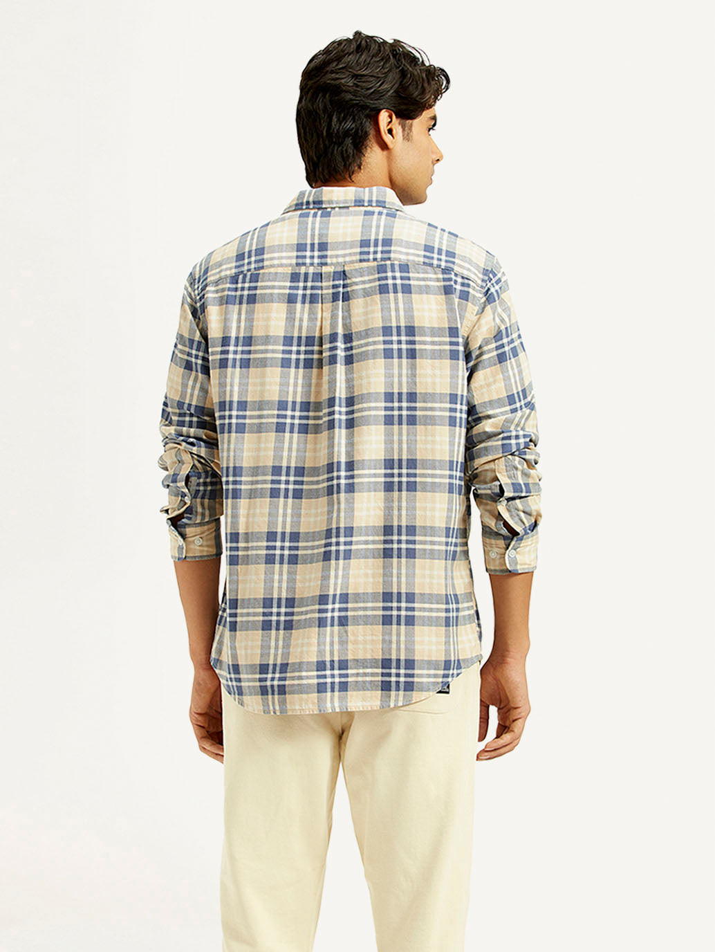 Men's Checkered Beige Slim Fit Shirt - Back View