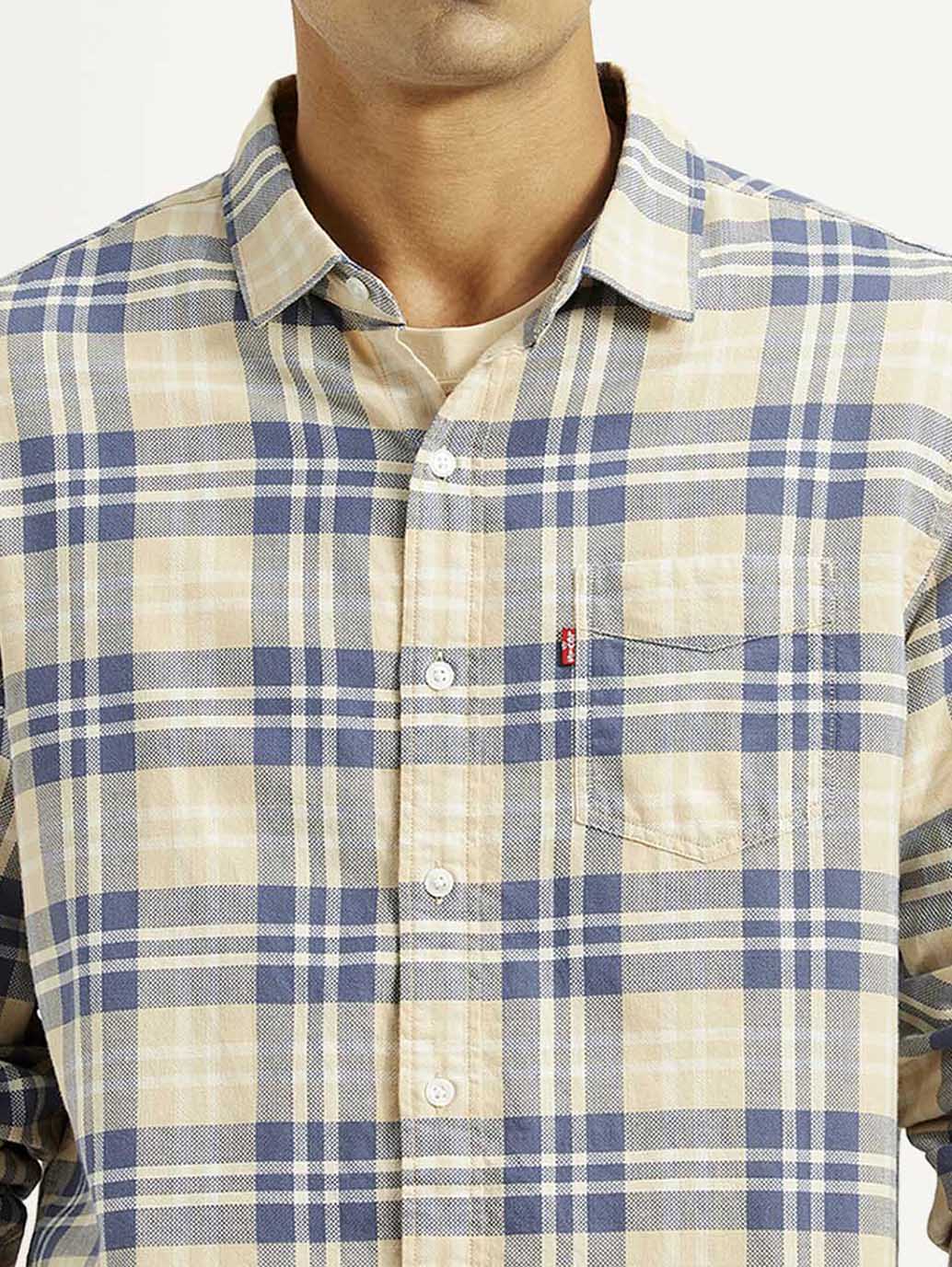 Men's Checkered Beige Slim Fit Shirt - Detail View
