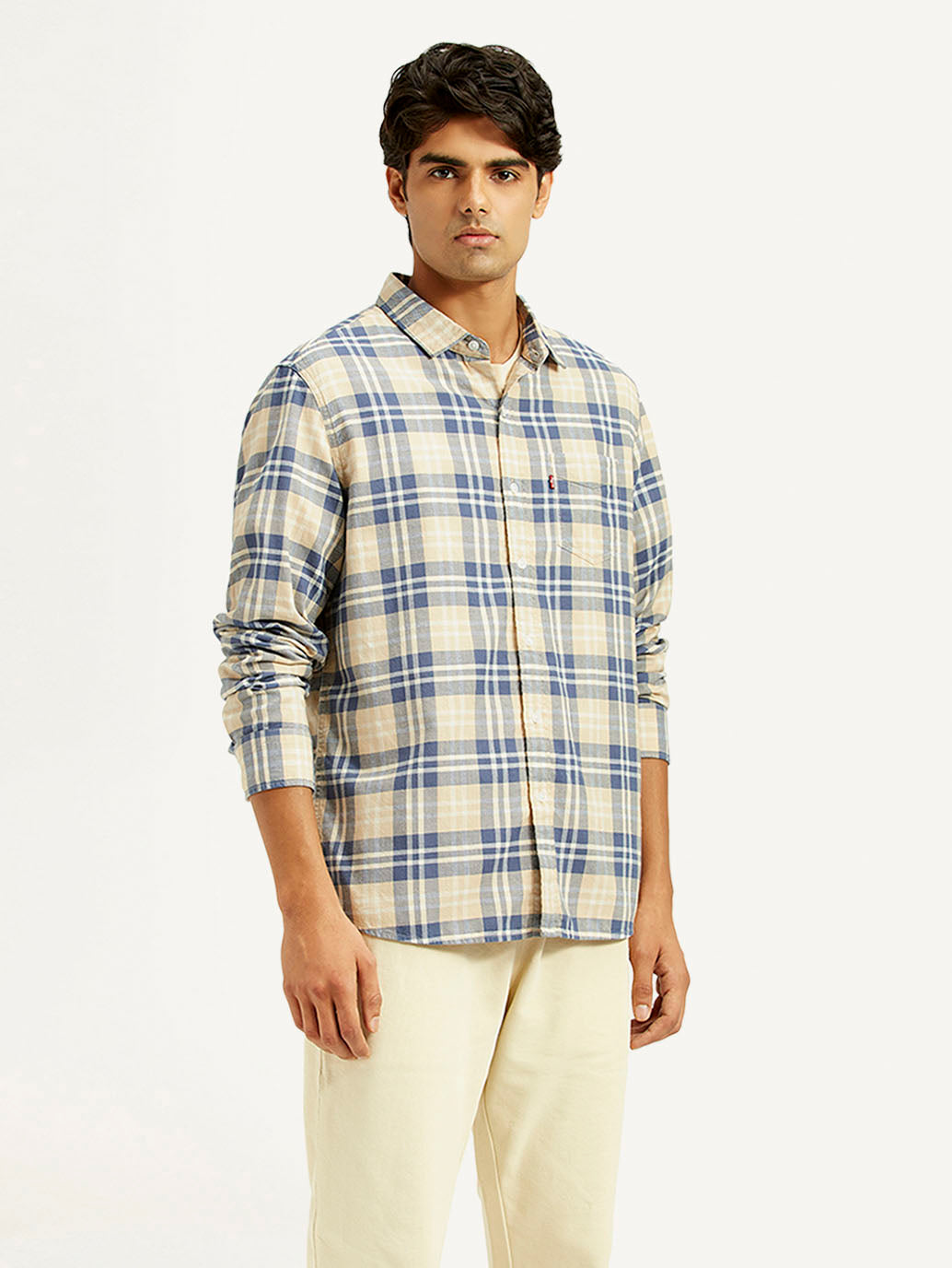 Men's Checkered Beige Slim Fit Shirt - Side View