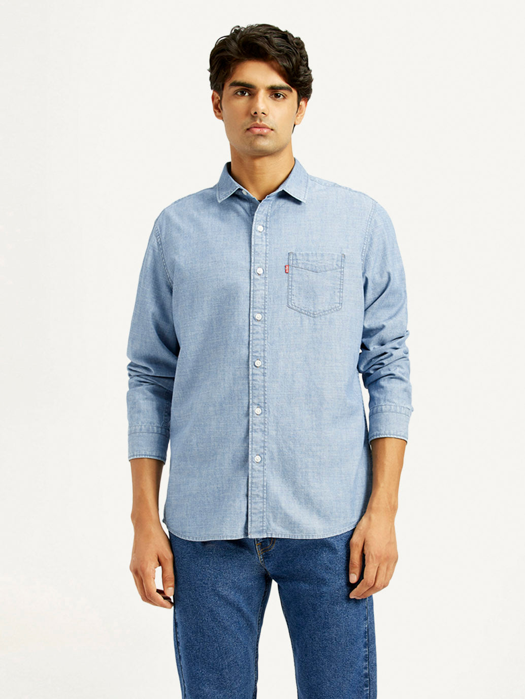Men's Solid Light Blue Slim Fit Denim Shirt - Front View
