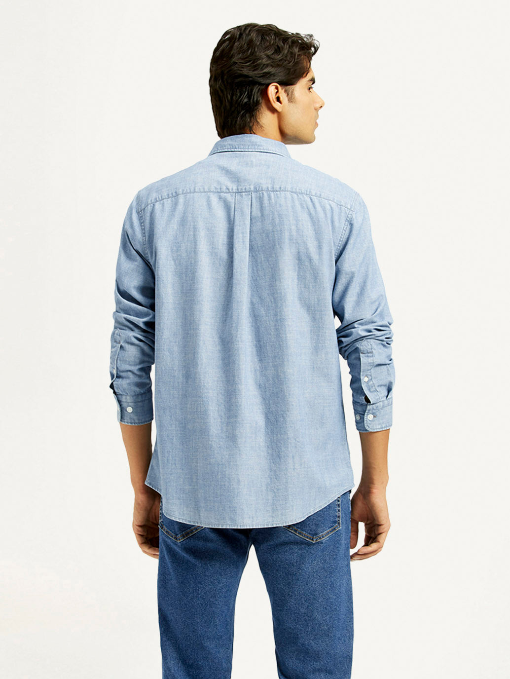 Men's Solid Light Blue Slim Fit Denim Shirt - Back View