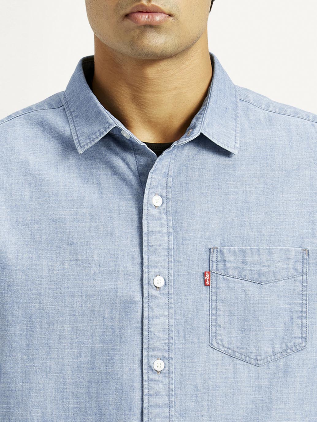 Men's Solid Light Blue Slim Fit Denim Shirt - Detail View