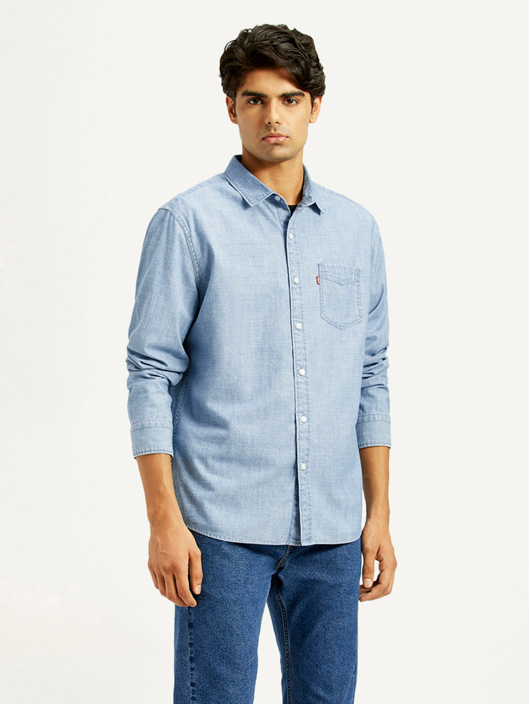 Men's Solid Light Blue Slim Fit Denim Shirt - Side View