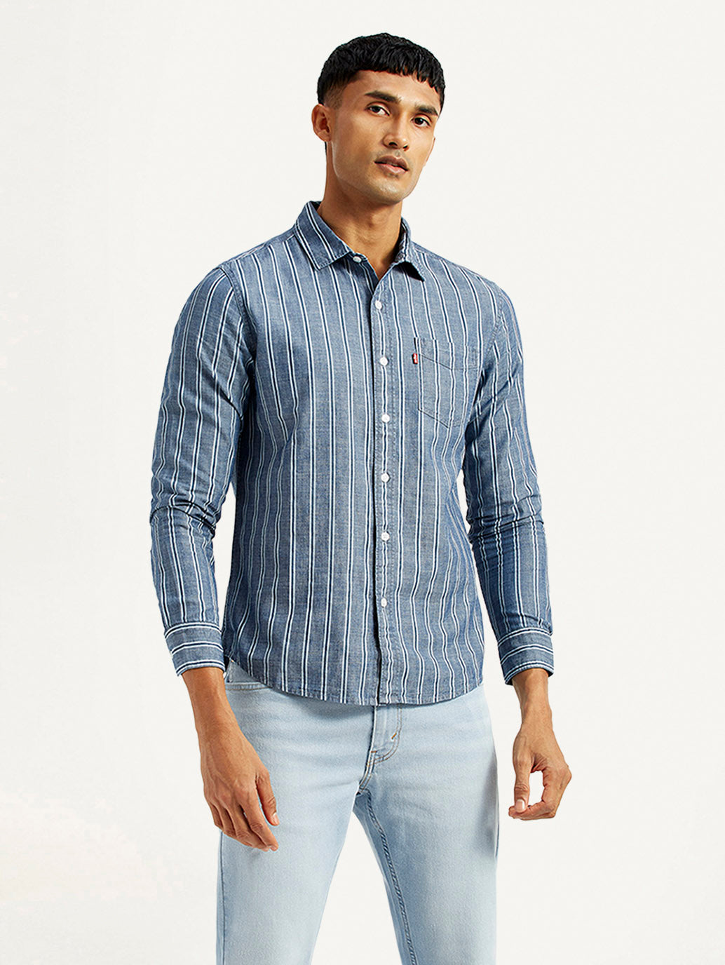 Men's Striped Blue Slim Fit Shirt - Front View