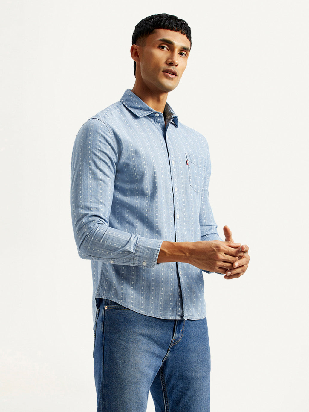 Men's Geometric Blue Slim Fit Shirt - Side View